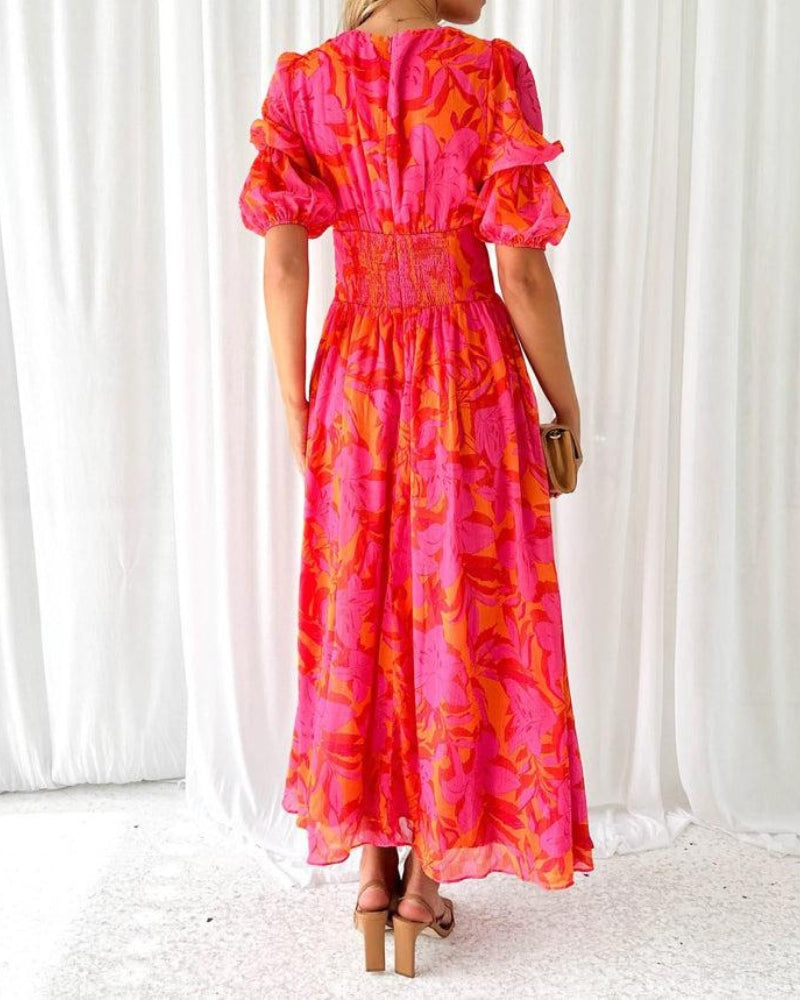 Women's Printed Maxi Dress with Flutter Sleeves - Summer Elegance