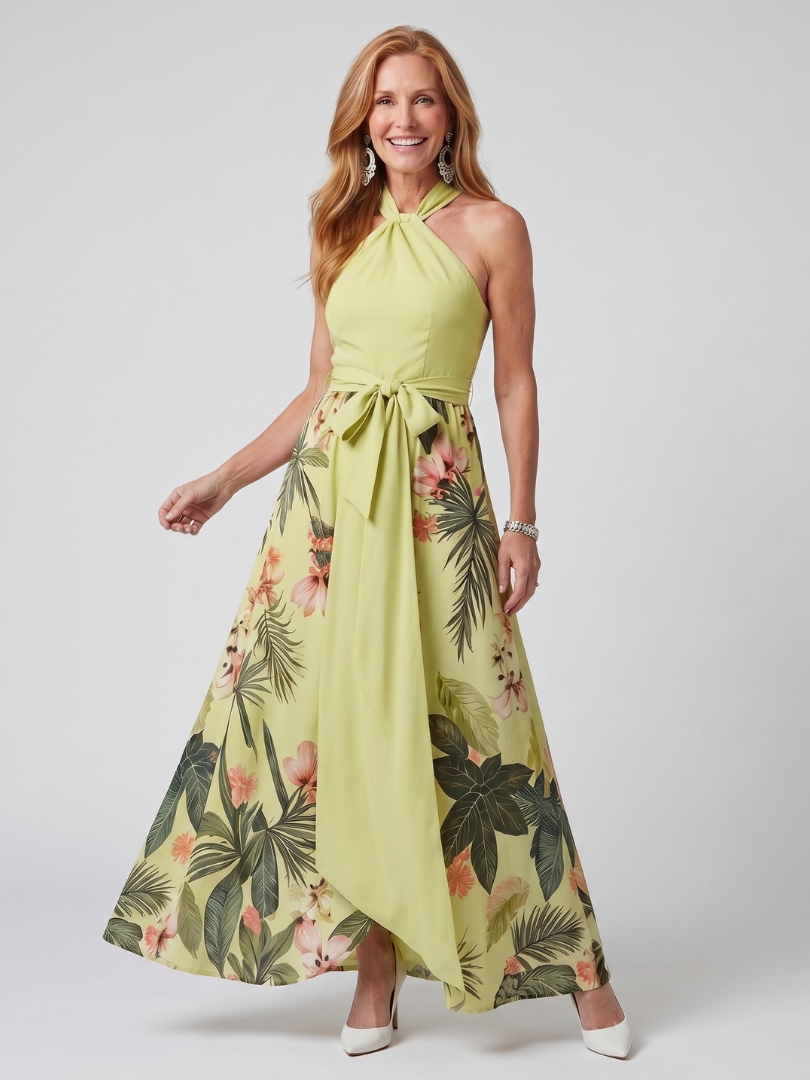 Women's Botanical Draped Halter Maxi Dress - Effortless Elegance