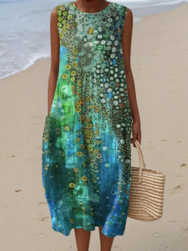 Women's Printed Midi Dress - Breezy Ocean-Inspired Design