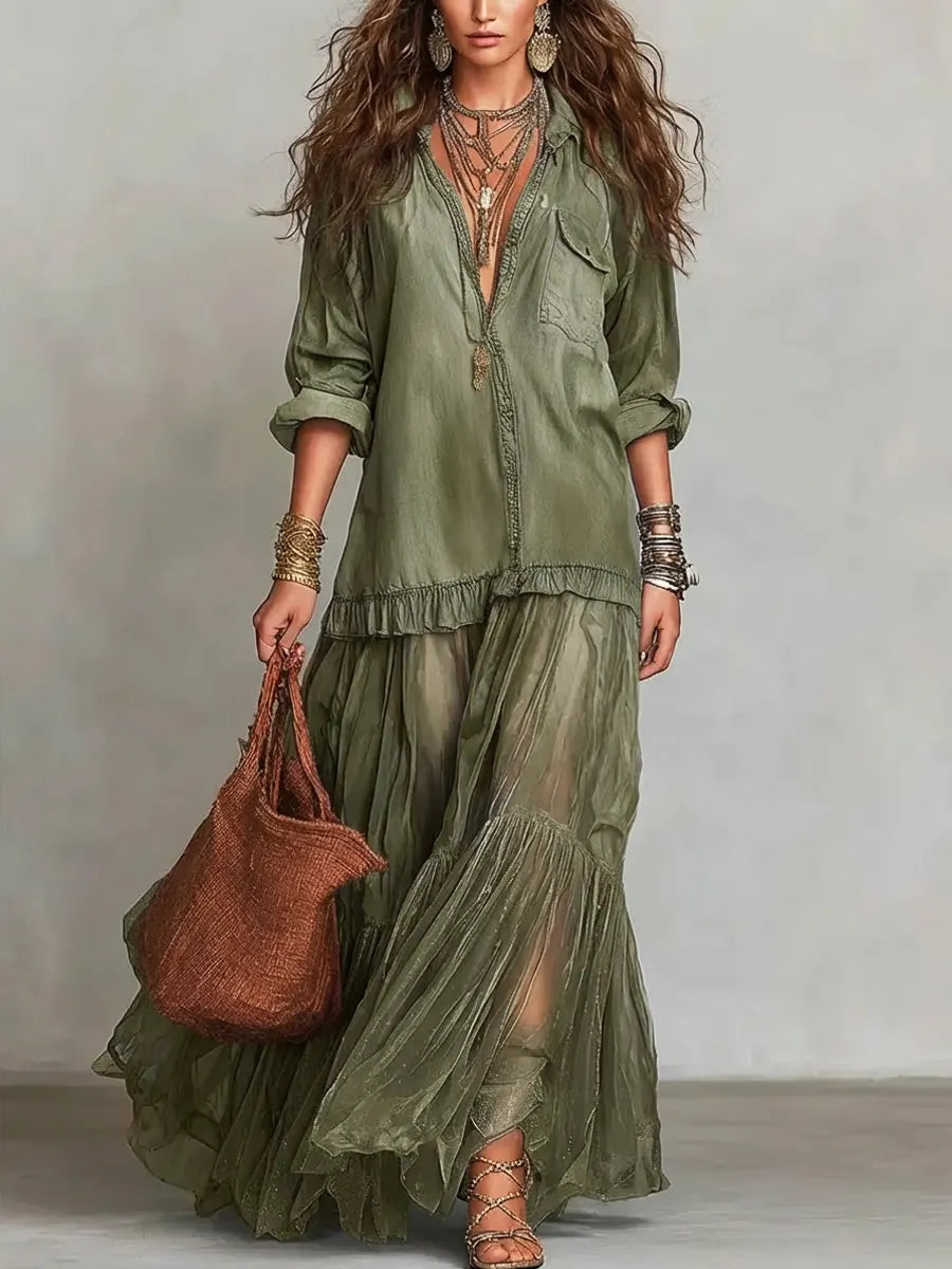 Women's Retro Lapel Denim Organza Patchwork Maxi Dress - Artful
