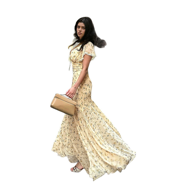 French Slim Floral V-Neck Waist Dress