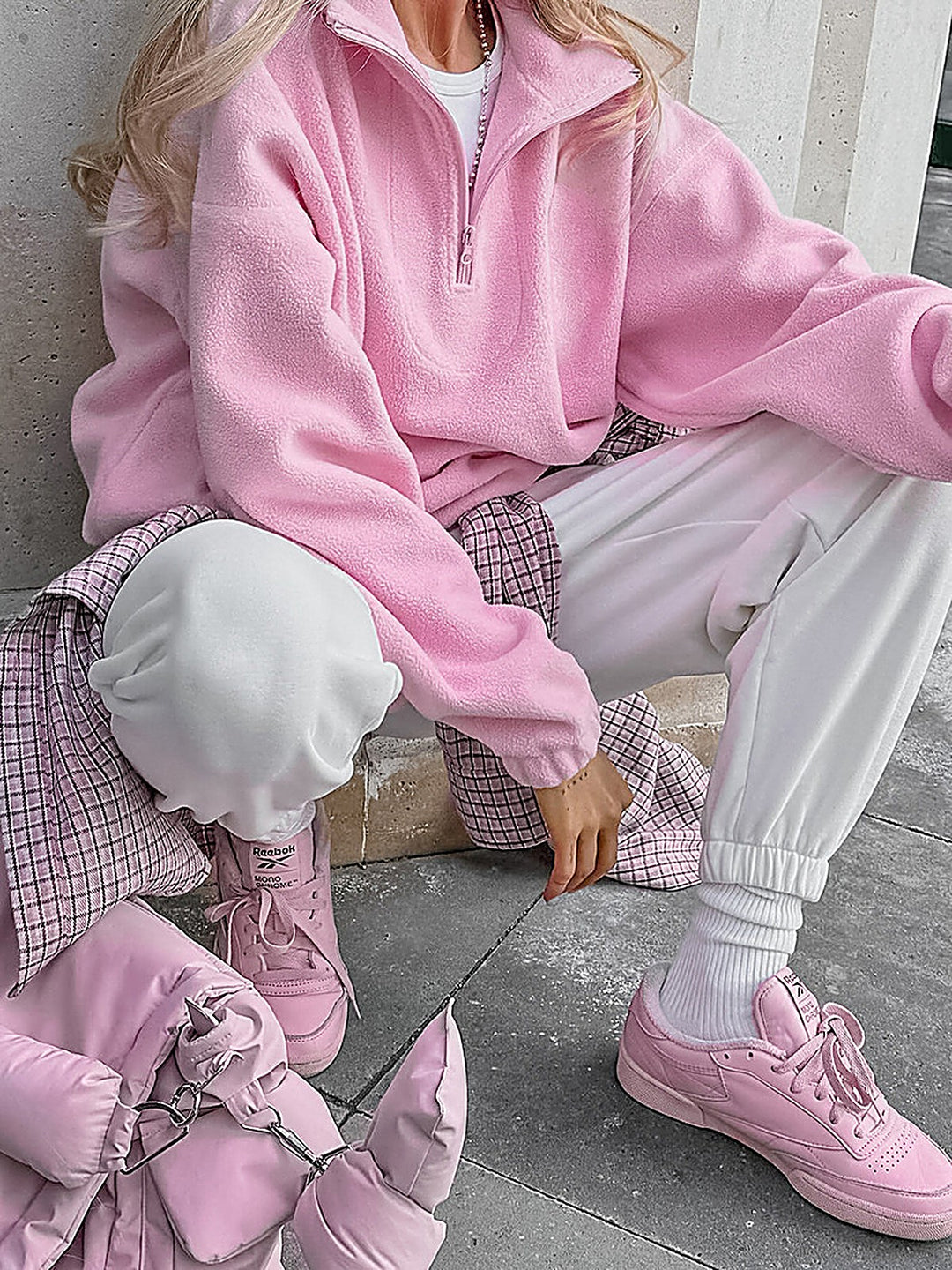 Pink Lapel Fleece-Lined Sweatshirt