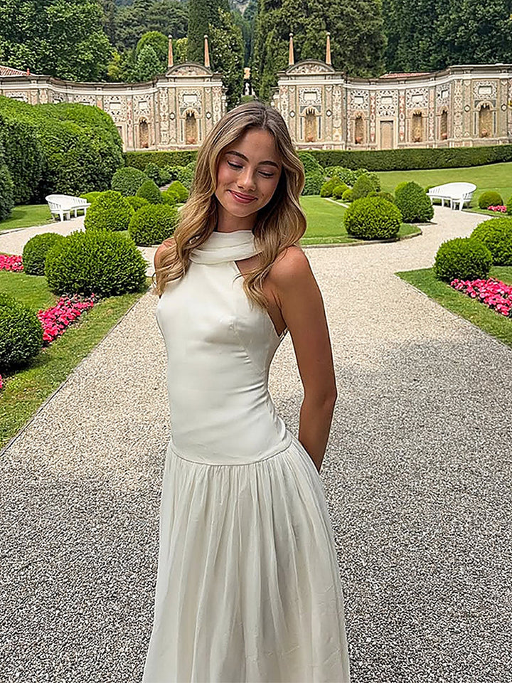 Elegant Mesh-Panel Halter Dress