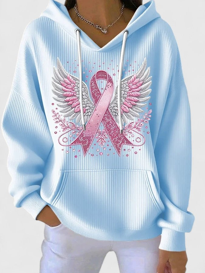 Women's Pink Ribbon Angel Wings Hoodie - Cozy Support Wear