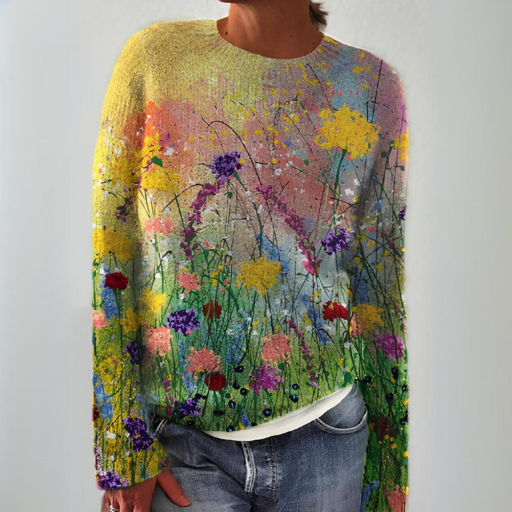 Women's Artistic Meadow Print Sweater - Vibrant and Cozy Knit