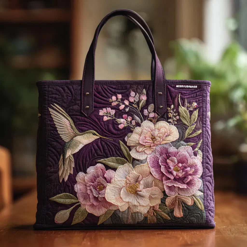 Women's Artisan Quilted Tote Bag with Hummingbirds and Orchids