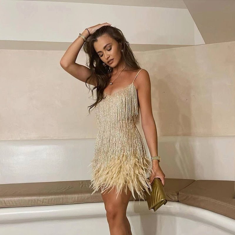Women's Modern Feathered Party Dress - Beaded Fringe Glamour