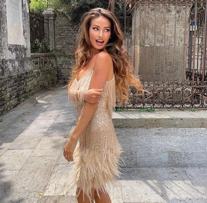 Women's Modern Feathered Party Dress - Beaded Fringe Glamour