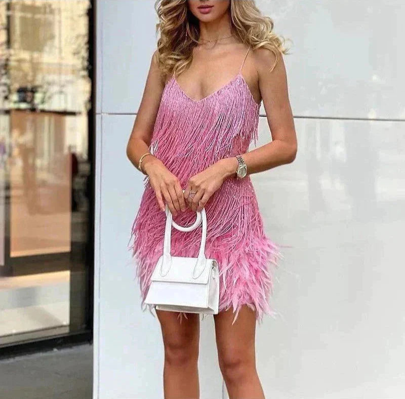 Women's Modern Feathered Party Dress - Beaded Fringe Glamour