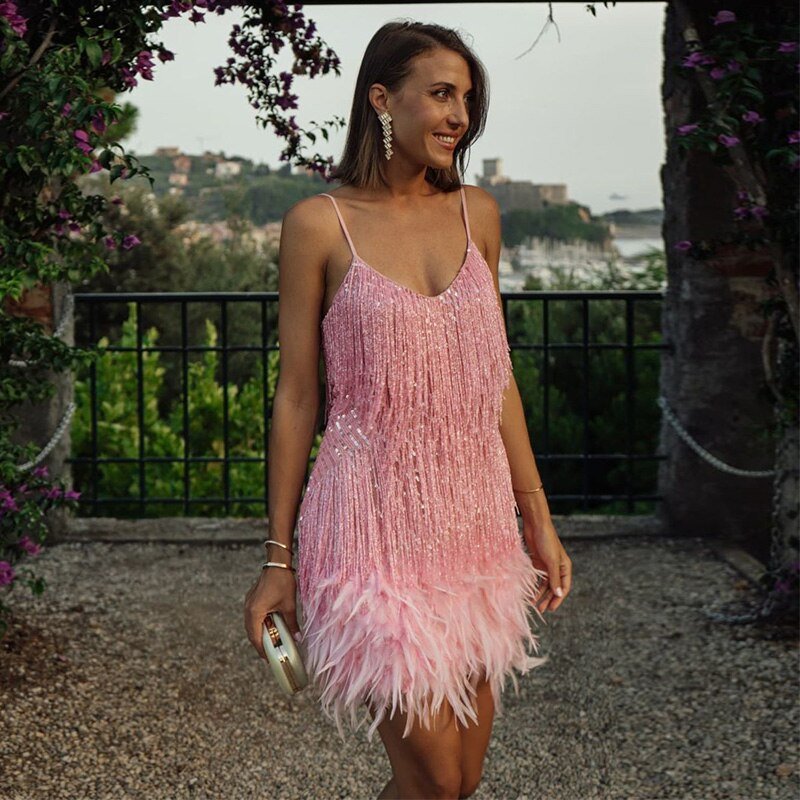 Women's Modern Feathered Party Dress - Beaded Fringe Glamour