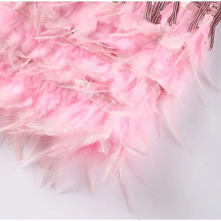 Women's Modern Feathered Party Dress - Beaded Fringe Glamour