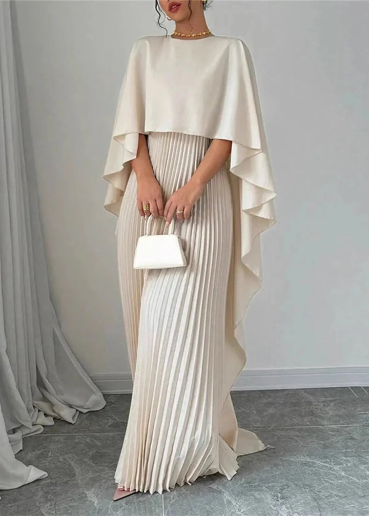 Women's Wedding Guest Elegant Pleated Cape Maxi Dress