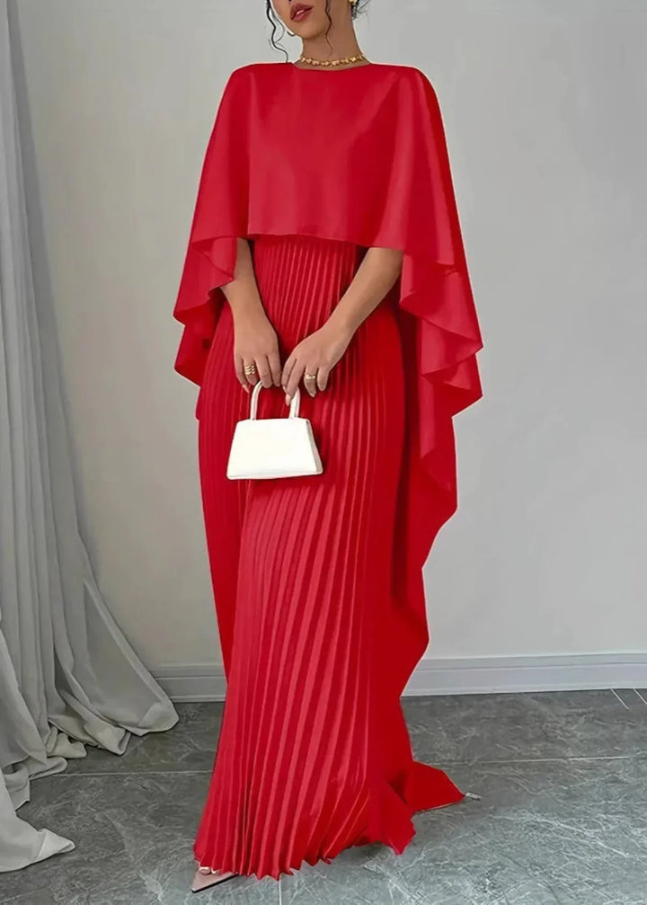 Women's Wedding Guest Elegant Pleated Cape Maxi Dress