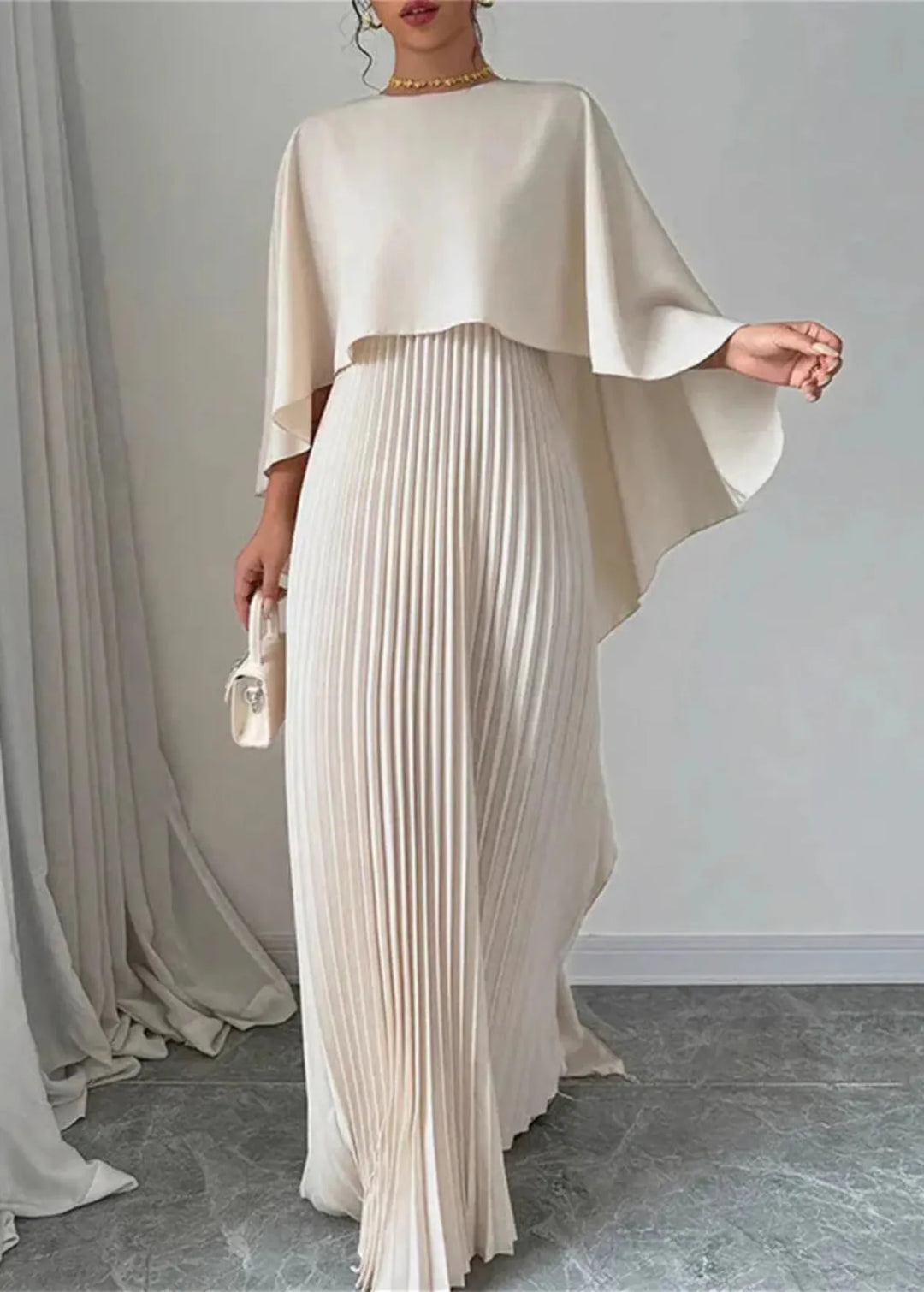Women's Wedding Guest Elegant Pleated Cape Maxi Dress