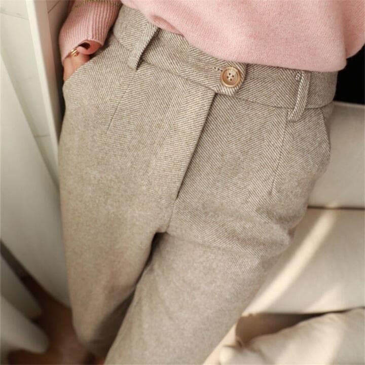 Women's Pleated Pants - Elegant Herringbone for Effortless Style