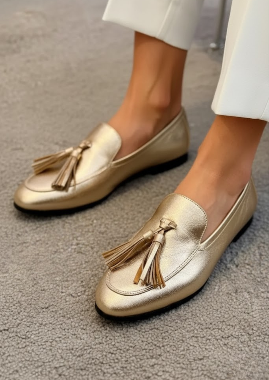 Women's Gold Tassel Moccasin Flats - Luminous Elegance