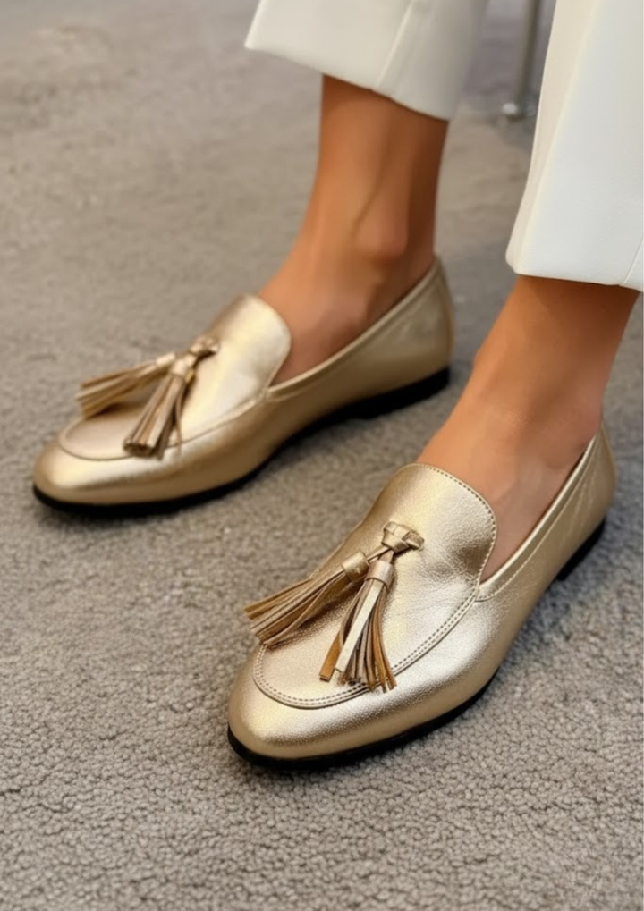 Women's Gold Tassel Moccasin Flats - Luminous Elegance