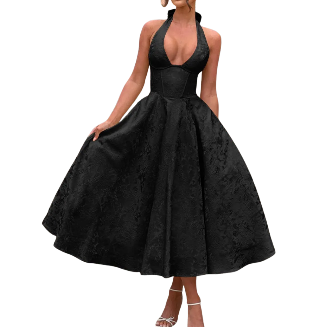 Women's Embroidered Halter V-Neck Evening Dress - Perfect for Galas