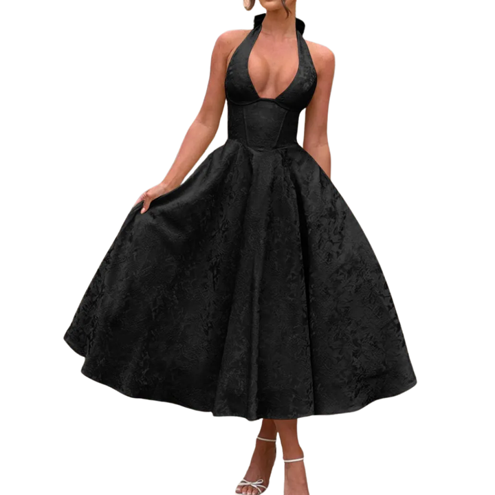 Women's Embroidered Halter V-Neck Evening Dress - Perfect for Galas
