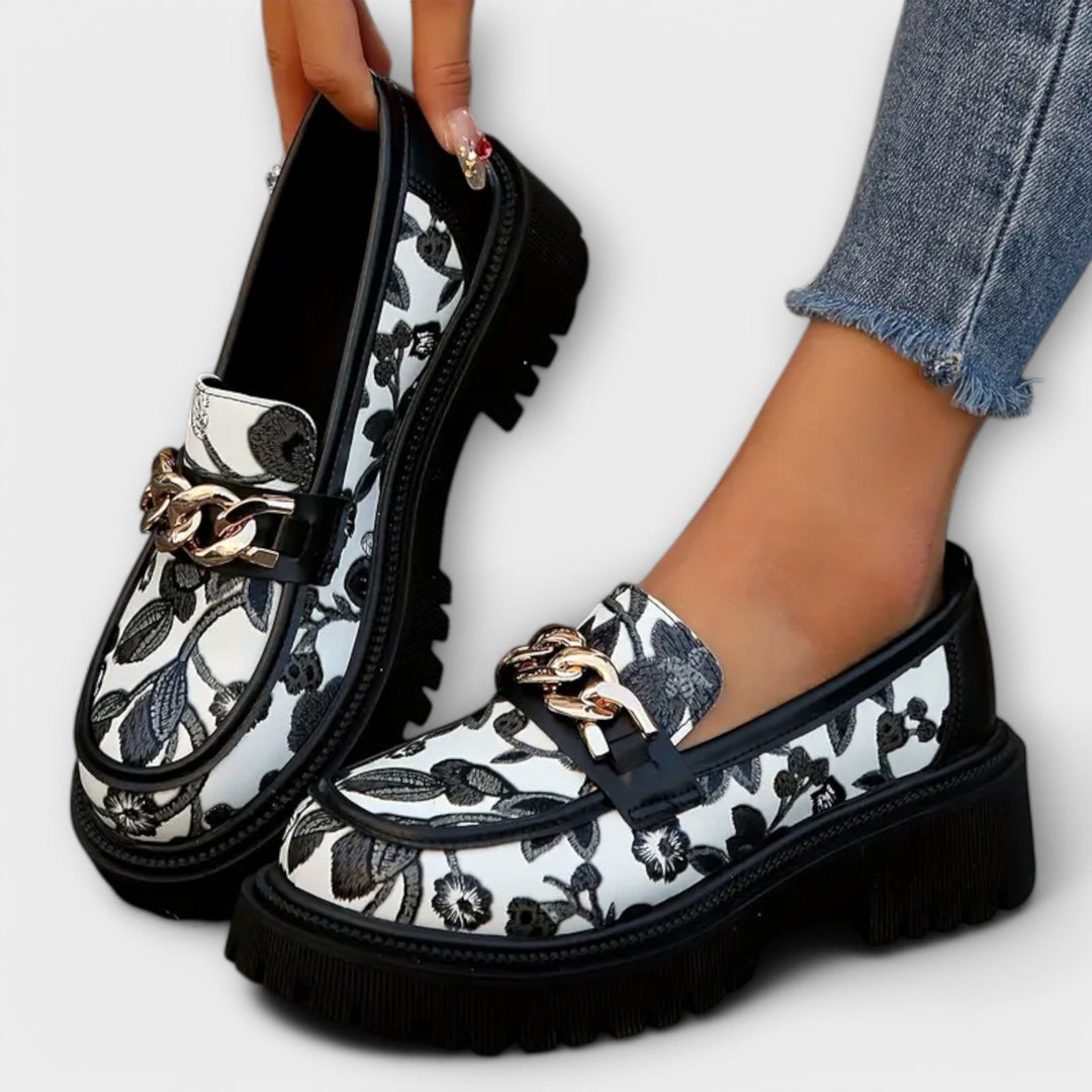 Women's Elegant Retro Loafers - Floral with Metallic Buckle