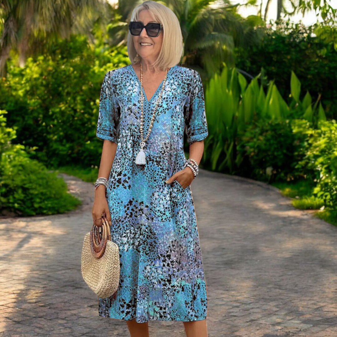 Women's Printed V-Neck Midi Dress - Relaxed Fit with Pockets
