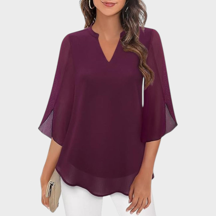 Women's Elegant Flow Blouse with Notch Neckline - Sheer Sleeves