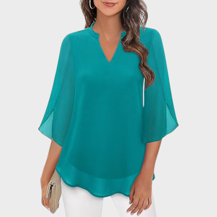 Women's Elegant Flow Blouse with Notch Neckline - Sheer Sleeves