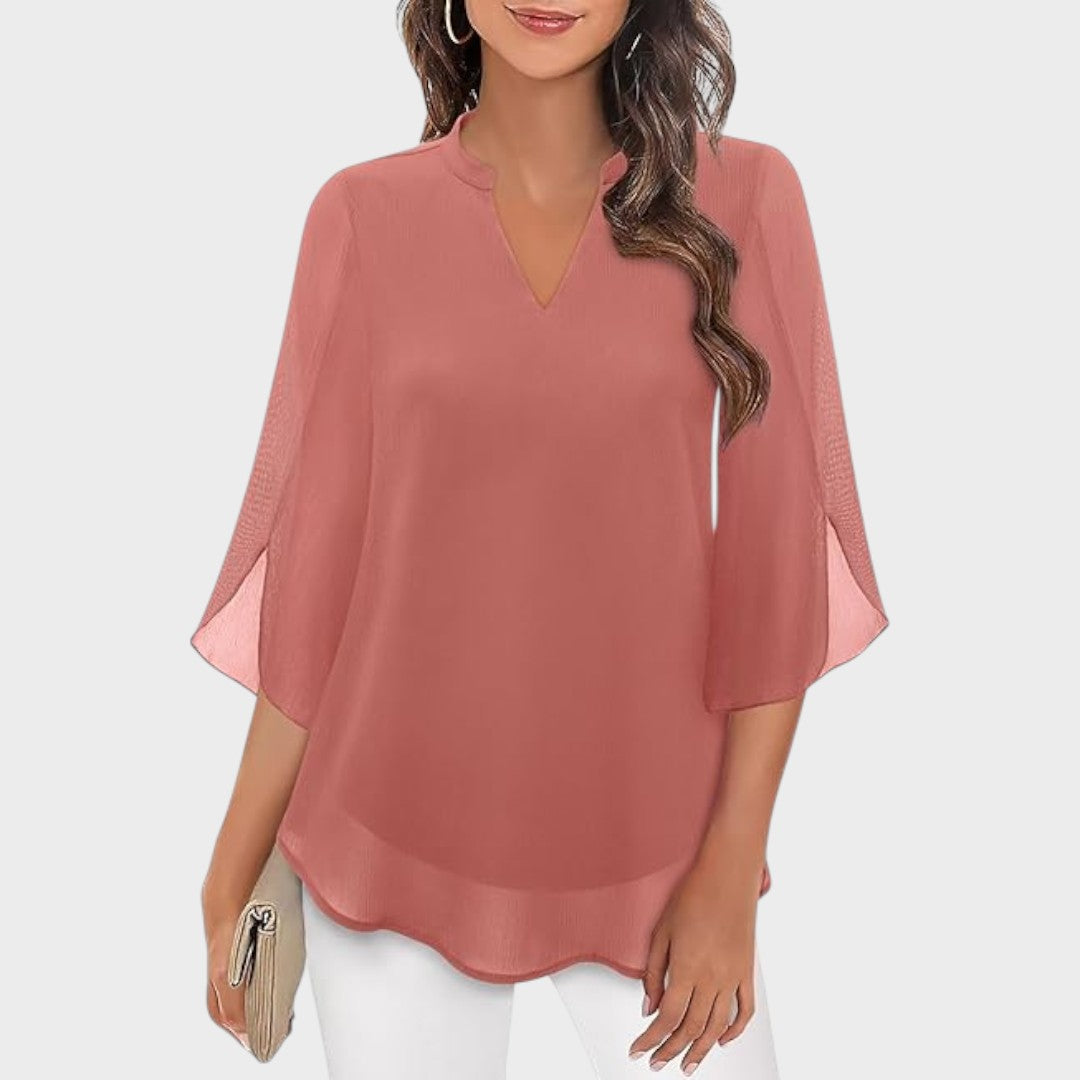 Women's Elegant Flow Blouse with Notch Neckline - Sheer Sleeves