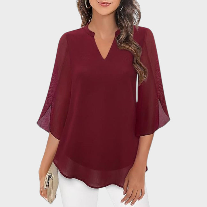 Women's Elegant Flow Blouse with Notch Neckline - Sheer Sleeves