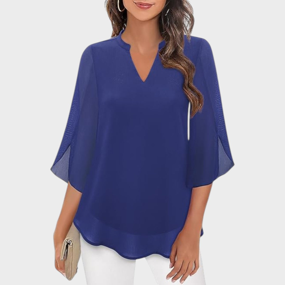 Women's Elegant Flow Blouse with Notch Neckline - Sheer Sleeves