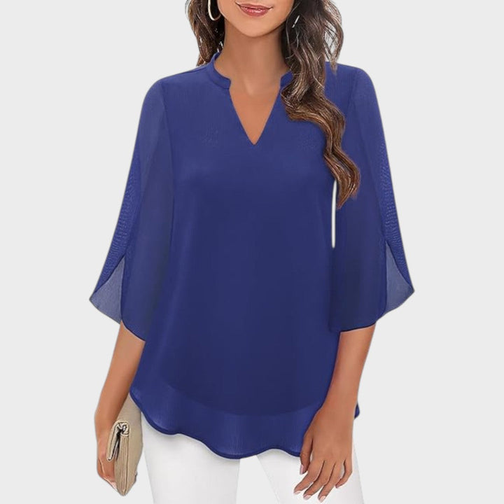 Women's Elegant Flow Blouse with Notch Neckline - Sheer Sleeves