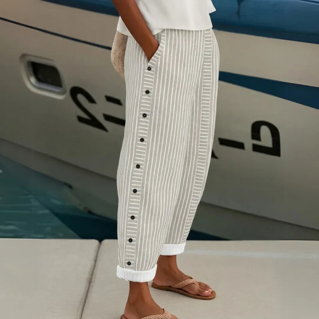 Women's Striped Button-Front Pants - Elegant Versatile Style