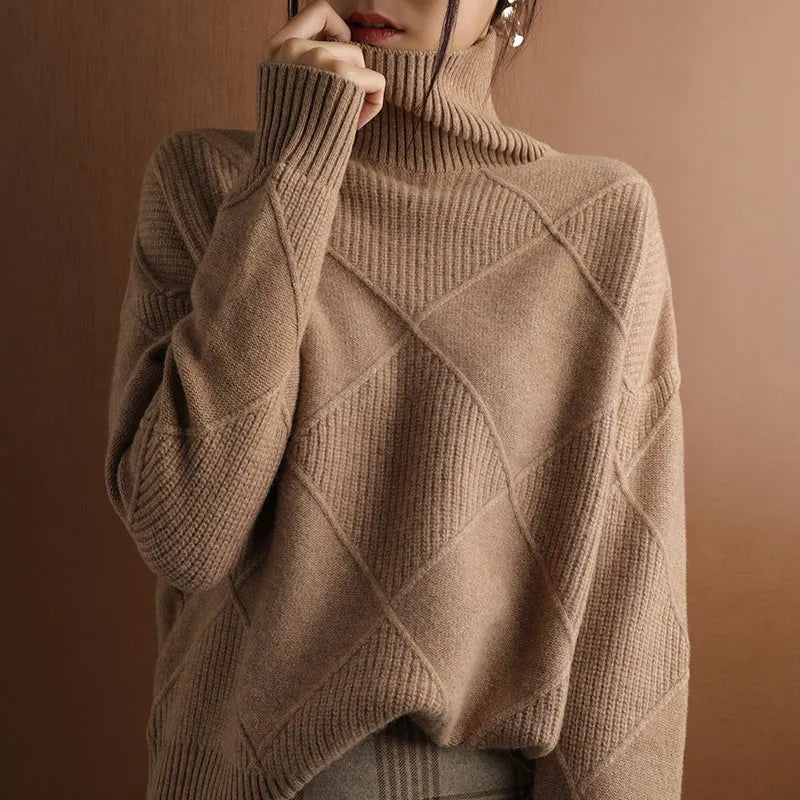 Women's Lotus Cotton Checkered Chunky Turtleneck Sweater