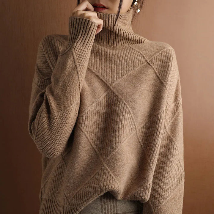 Women's Lotus Cotton Checkered Chunky Turtleneck Sweater