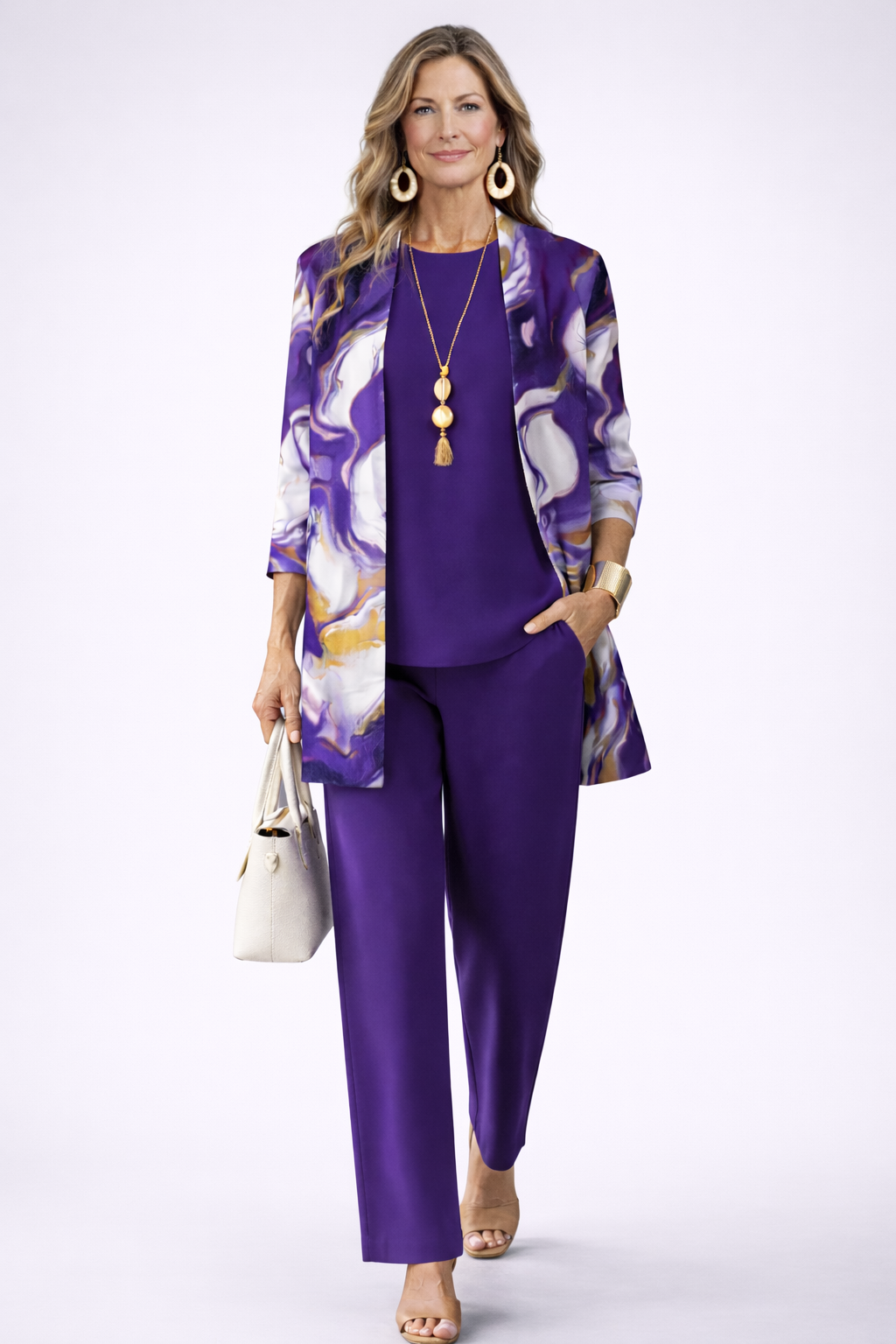 Women's Vina Three-Piece Set - Patterned Cardigan & Wide-Leg Pants