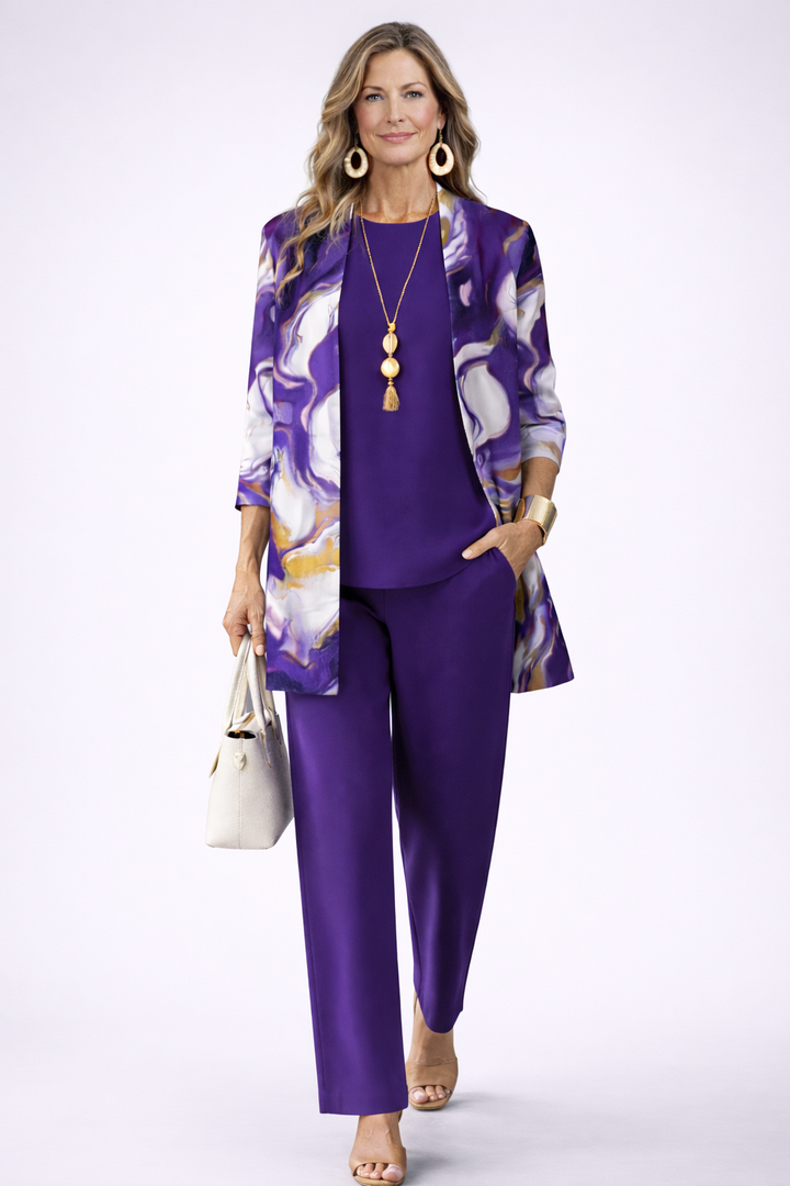 Women's Vina Three-Piece Set - Patterned Cardigan & Wide-Leg Pants