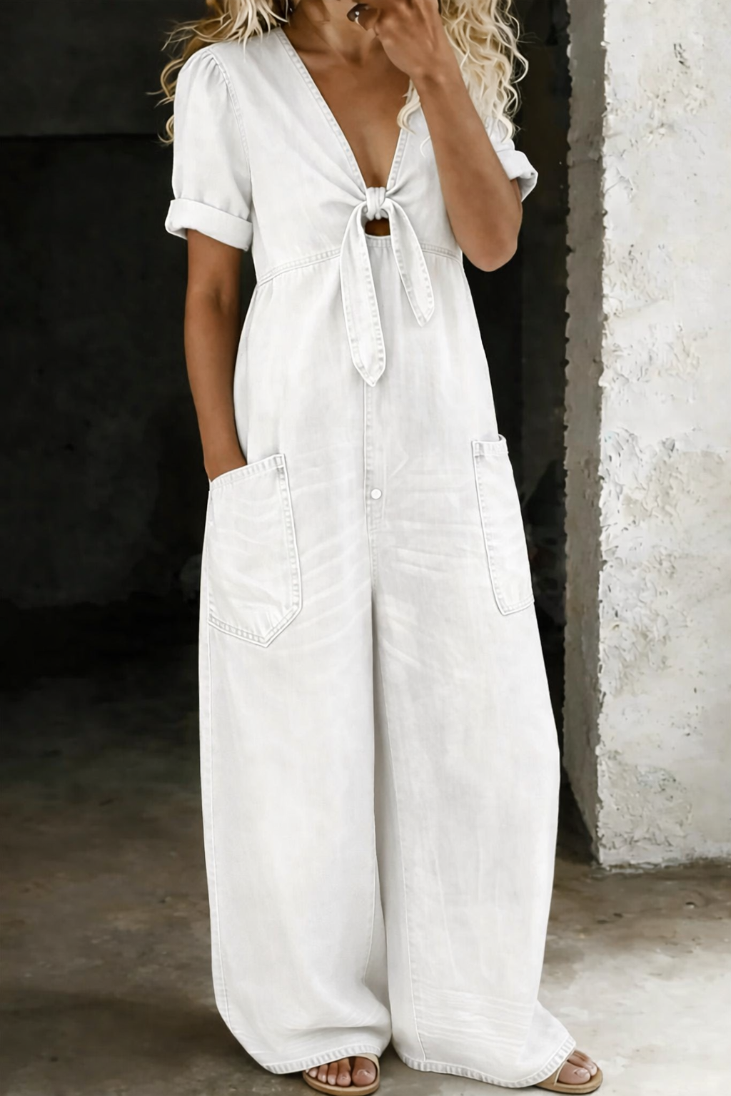 Women's V-Neck Short Sleeve Jumpsuit - Effortless Everyday Style