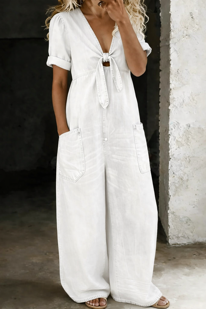 Women's V-Neck Short Sleeve Jumpsuit - Effortless Everyday Style