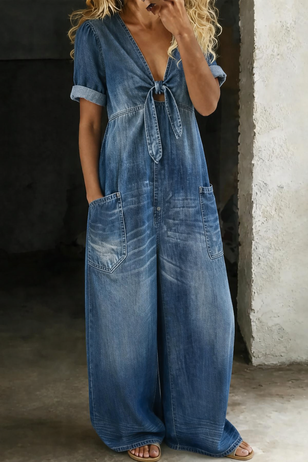 Women's V-Neck Short Sleeve Jumpsuit - Effortless Everyday Style