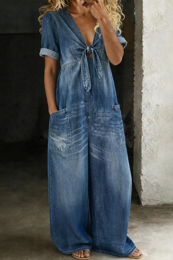 Women's V-Neck Short Sleeve Jumpsuit - Effortless Everyday Style