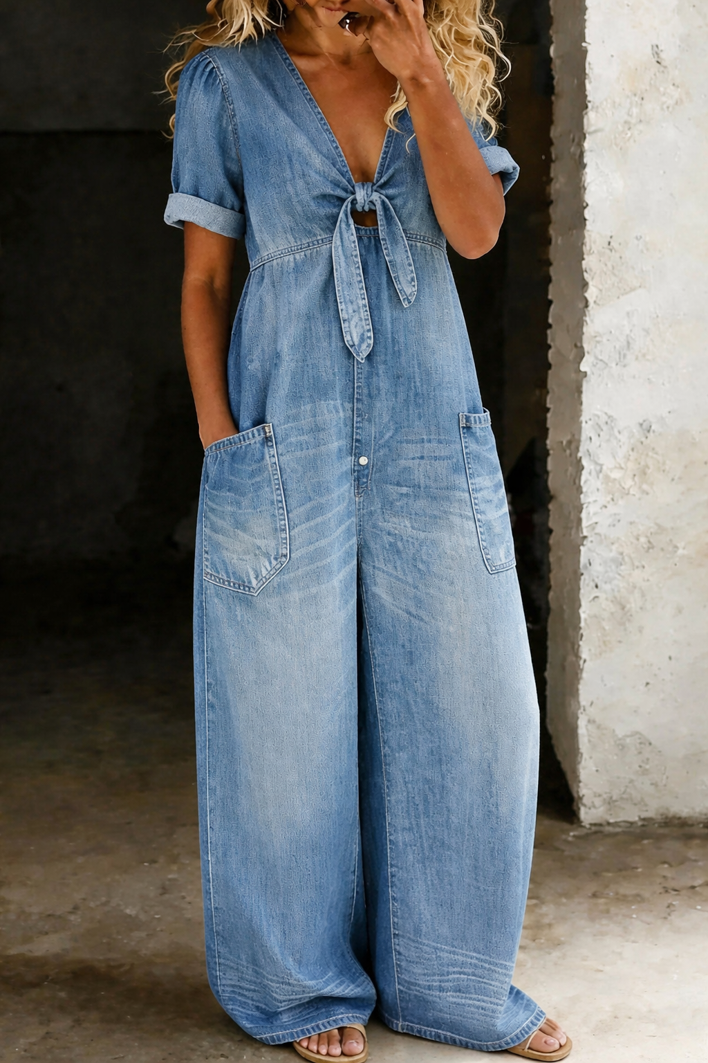 Women's V-Neck Short Sleeve Jumpsuit - Effortless Everyday Style