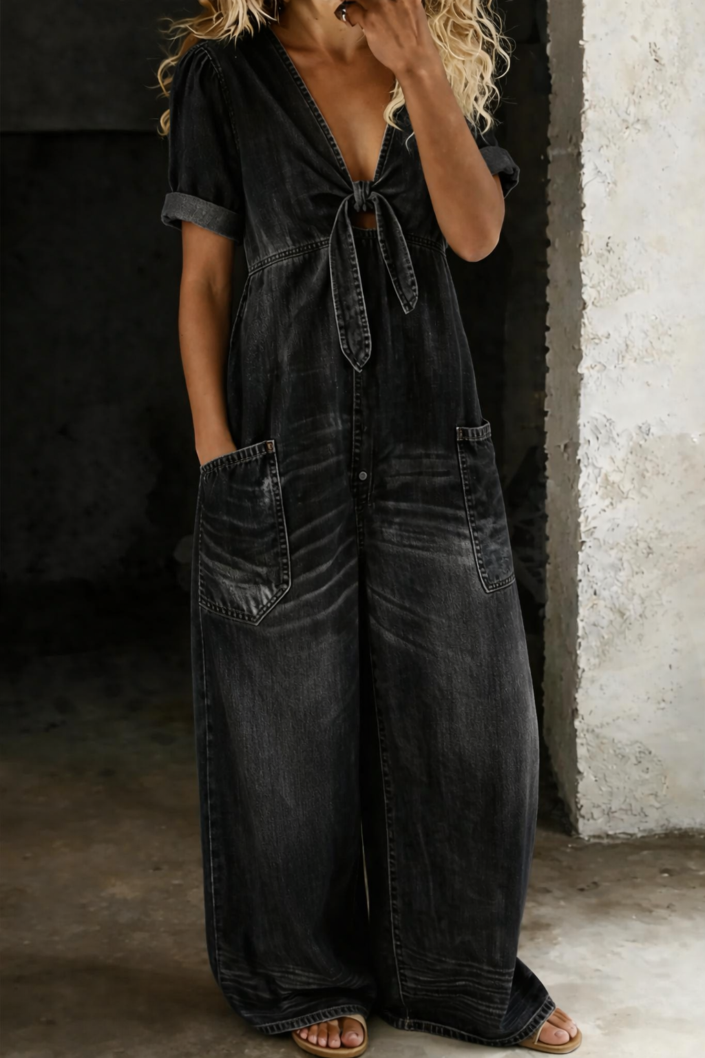 Women's V-Neck Short Sleeve Jumpsuit - Effortless Everyday Style