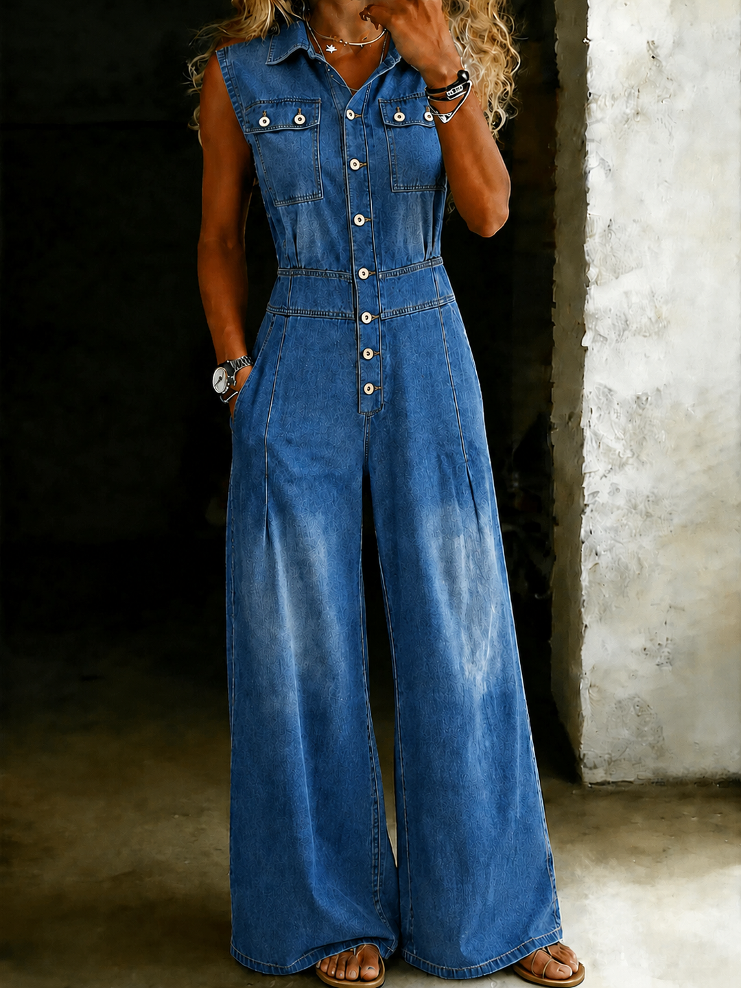 Women's Denim Cinched Waist Wide Leg Jumpsuit - Effortless Style