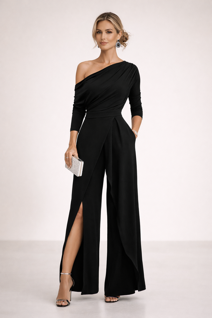 Women's One-Shoulder Wide-Leg Jumpsuit - Elegant Evening Style