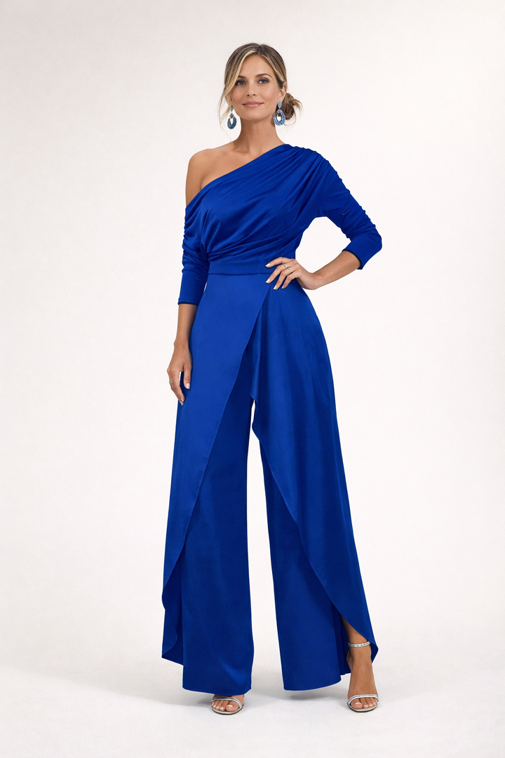 Women's One-Shoulder Wide-Leg Jumpsuit - Elegant Evening Style