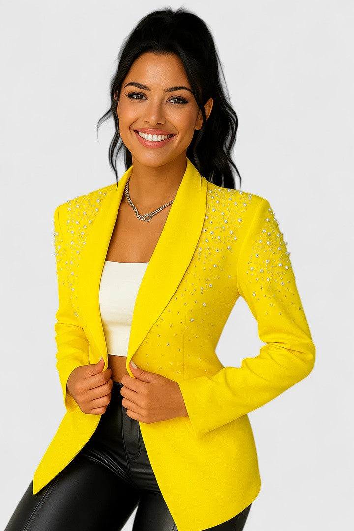 Women's Pearl-Embellished Blazer Jacket - Sophisticated Eventwear