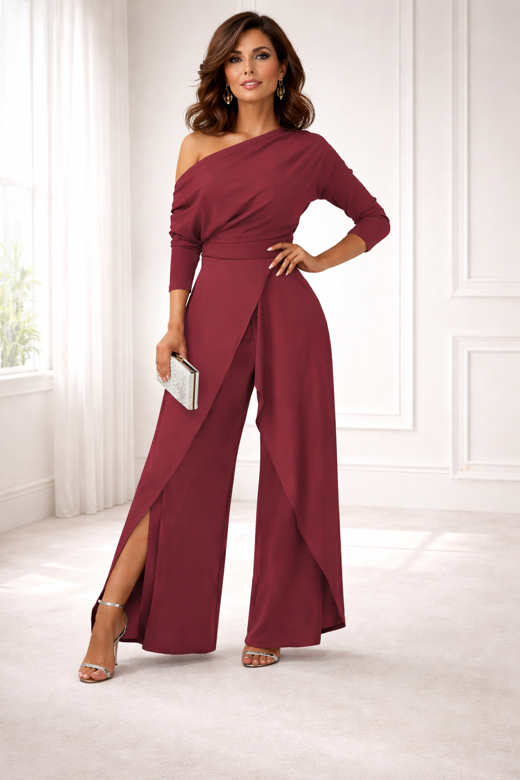 Women's One-Shoulder Wide-Leg Jumpsuit - Elegant Evening Style