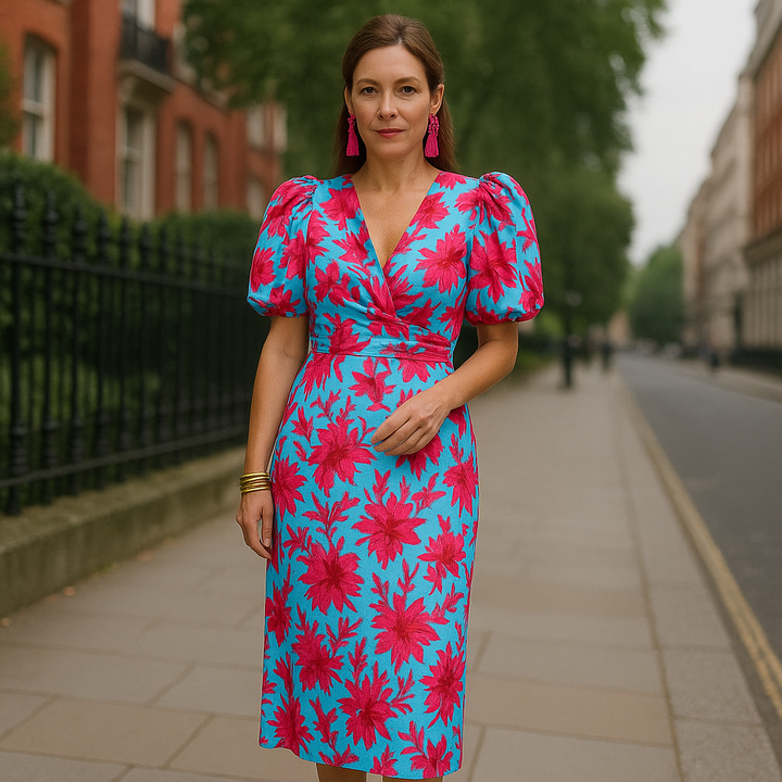 Women's Colorful Pleated Sleeve Dress - Vibrant Everyday Style