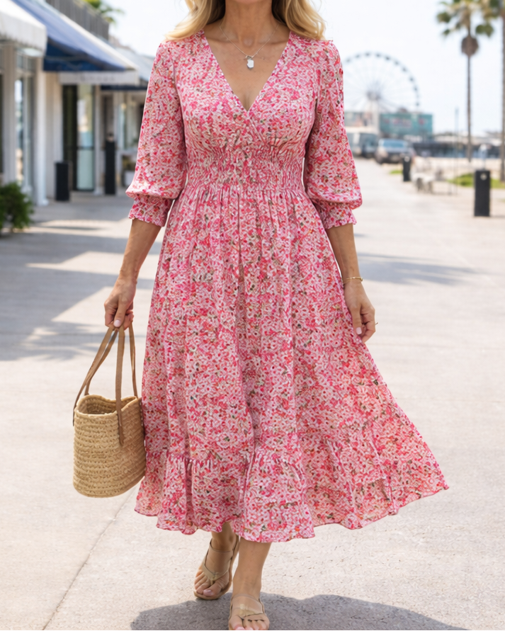 Women's Floral V-Neck Smocked Dress - Effortless Everyday Style