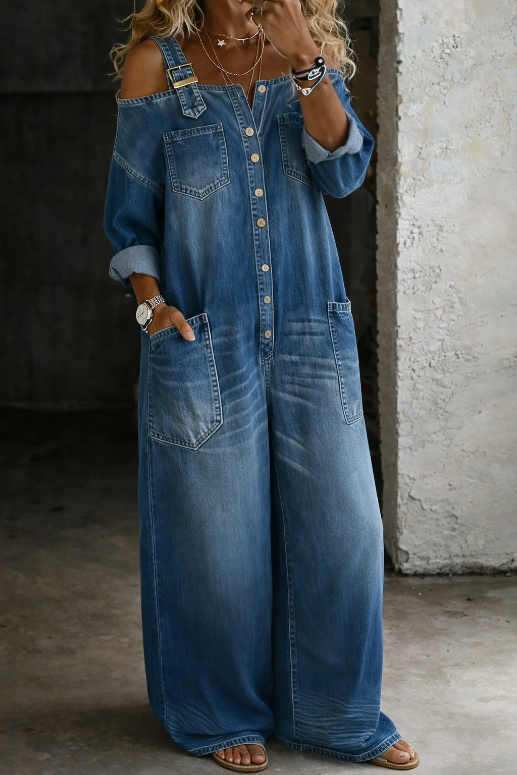 Women's Off Shoulder Denim Jumpsuit - Effortless Everyday Style